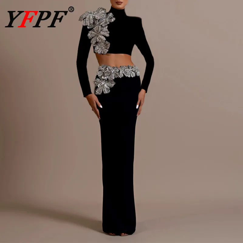 YFPF Elegant Solid Women 2 Piece Set Diamond Spliced Design Short Tops High Waist Long Skirt Luxury Evening Party Clothing