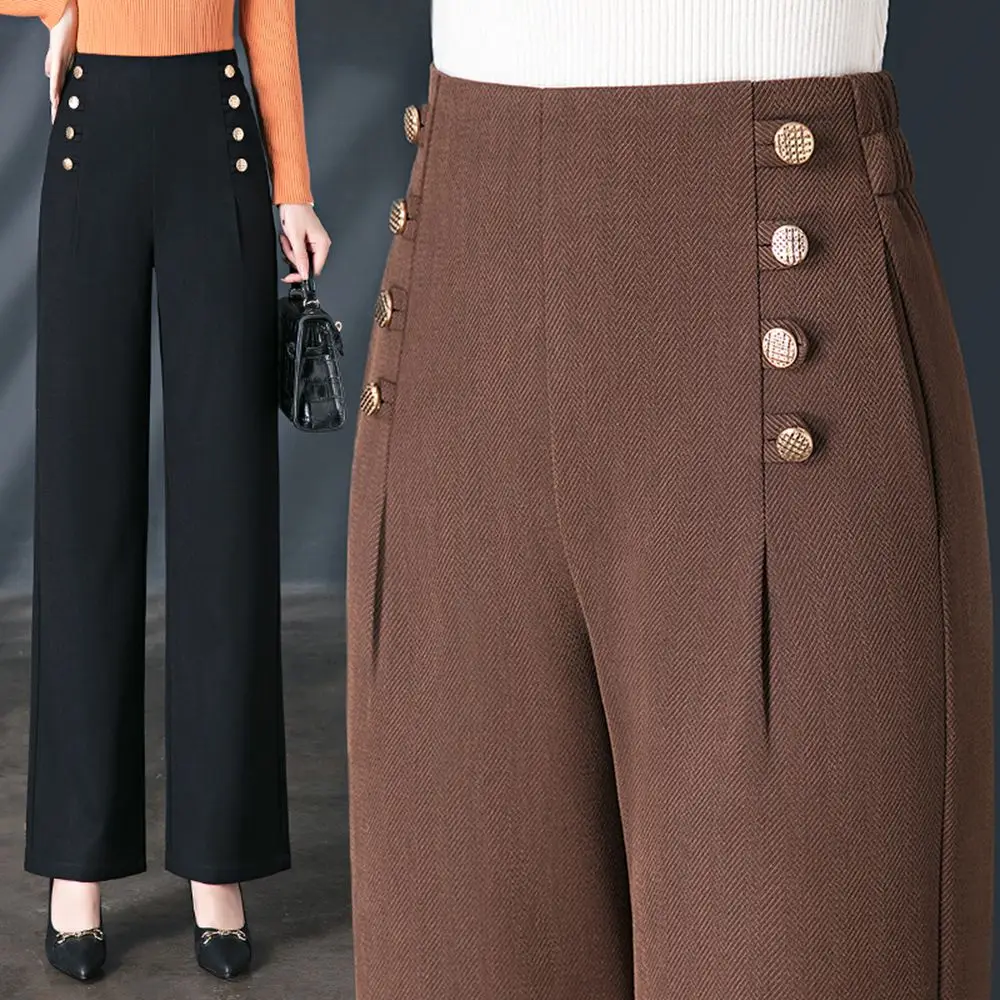 2023 New High Quality Fashion Solid Color Double Breasted Front Loose Straight Tube Pants Women's Pants Casual Commuter Pants4XL