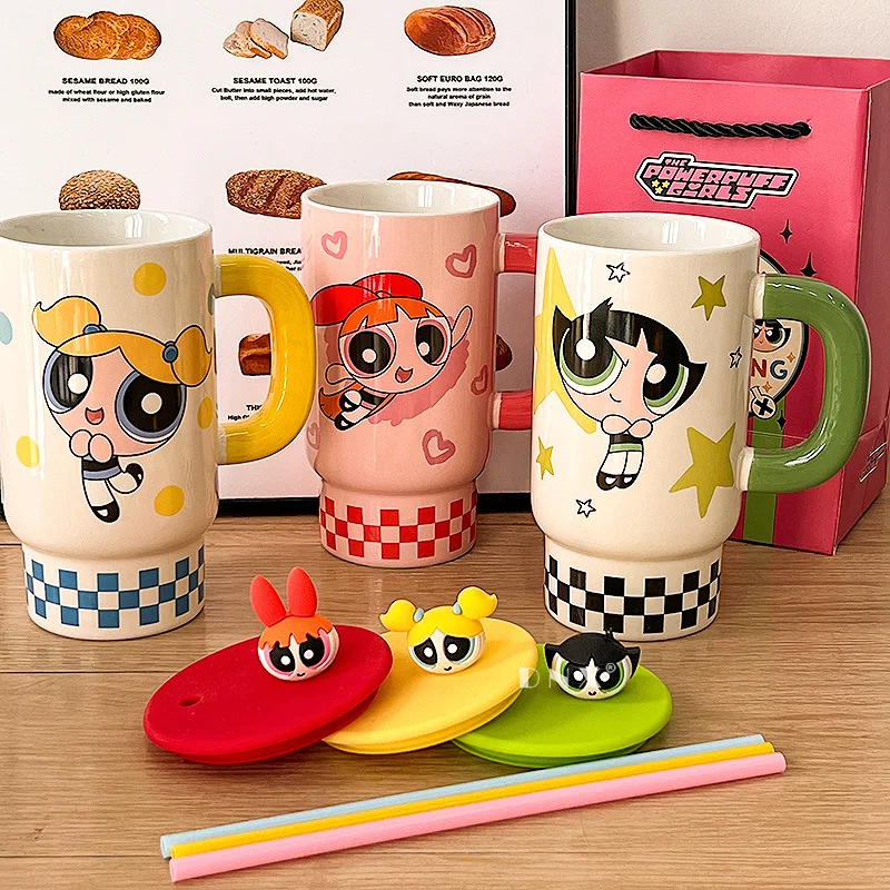 Buttercup Bubbles Blossom The Powerpuff Girls Cute Cartoon 850ML High-Capacity Ceramic Coffee Cup Kawaii Mug Water Cup Periphery