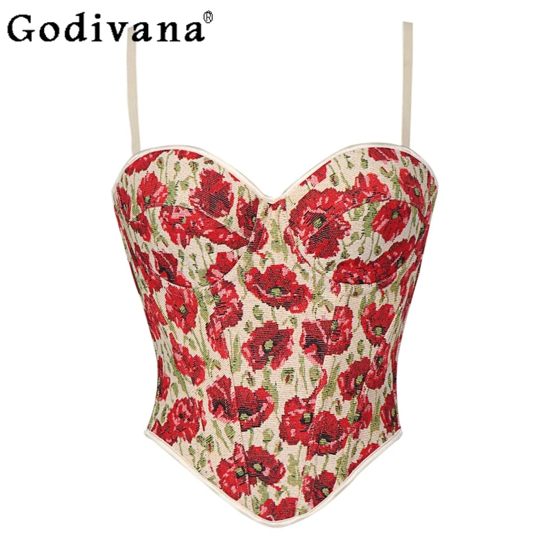 

Темпераментная жаккардовая ткань с цветочным принтом, короткий жилет на подтяжках с рыбьей косточкой, милый универсальный сексуальный модный тонкий топ на шнуровке в стиле ретро