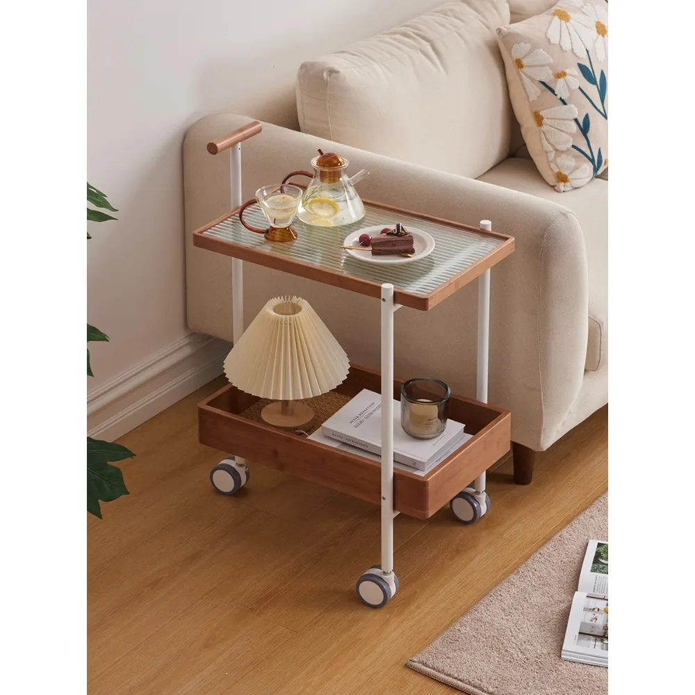 

Long Shangzhu Nanzhu sofa side several living room snack cart movable trolley Changhong glass coffee table with wheels