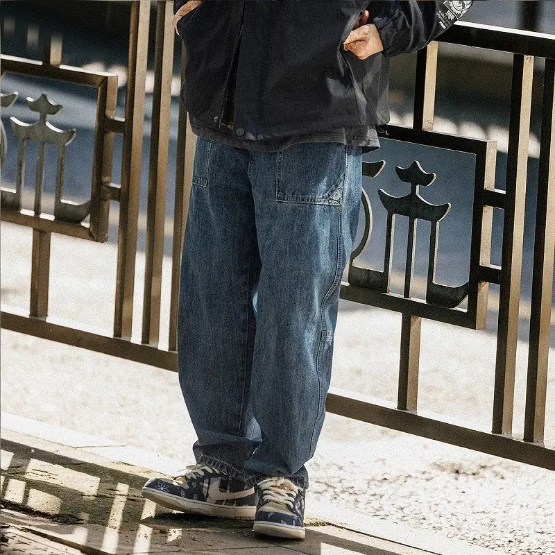 Spring Vintage Jeans Men's Loose Cashew Blossom Stitching Blue Straight Casual Overalls Hip Hop Street Fashion Jeans