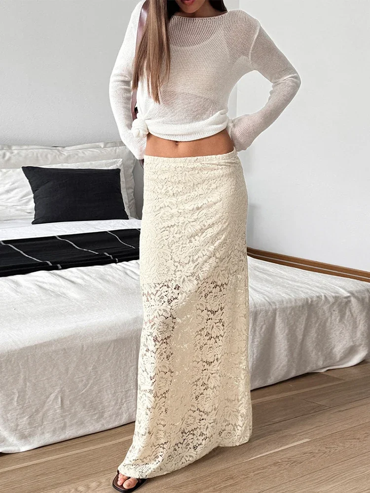 

Trendix See Through Lace Skirts For Women's Autumn High Waist Slim Solid Long Skirt Winter Street Elegant Party Skirt Women 2024