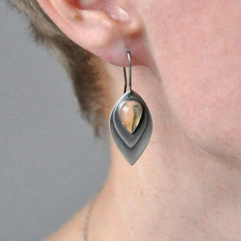 Ethnic Waterdrop Inlaid Orange Red Stone Earrings Vintage Silver Color Metal Carving Leaves Dangle Earrings for Women