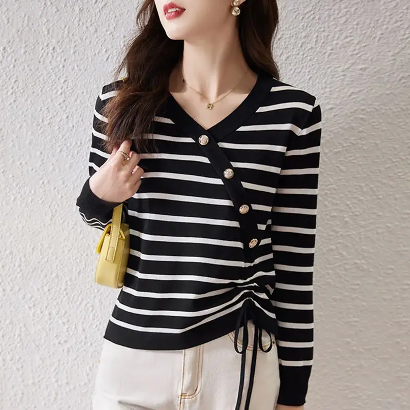 Drawstring Striped Women\'s Autumn Winter 2024 New Spliced Pullover V-Neck Button Fashion Loose Sweater Knitted Long Sleeve Tops