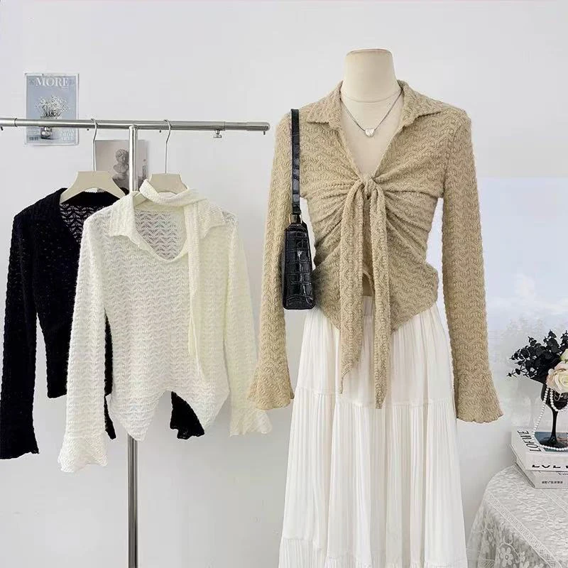 

French V Neck Long Sleeve T Shirt Women Spring Slim Lace Up Forked Female Pullover Y2K Solid Simple All Match Ladies Tees New