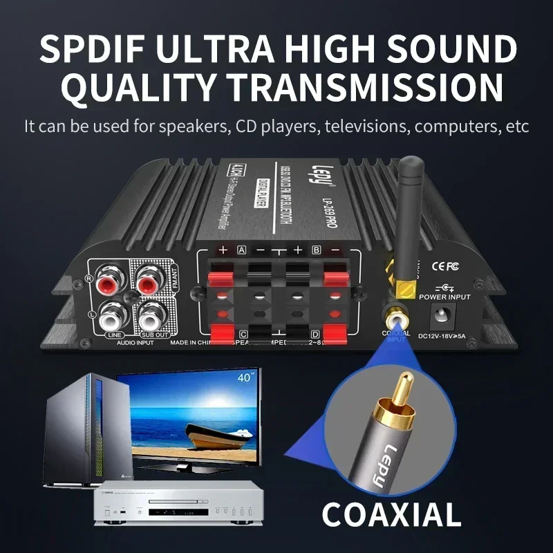 

Coaxial Input Bluetooth 5.0 Power Amplifier High Power 4.1 Channel 58Wx4+Subwoofer Out USB SD FM Function