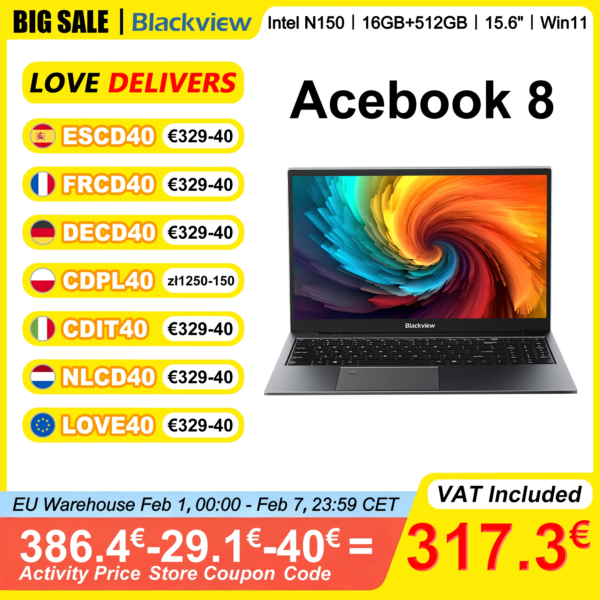 Blackview AceBook 8 laptop 15,6" FHD IPS Intel N150 16GB RAM 512GB SSD + uitbreiding tot 1TB Windows 11 Home Intel UHD Graphics