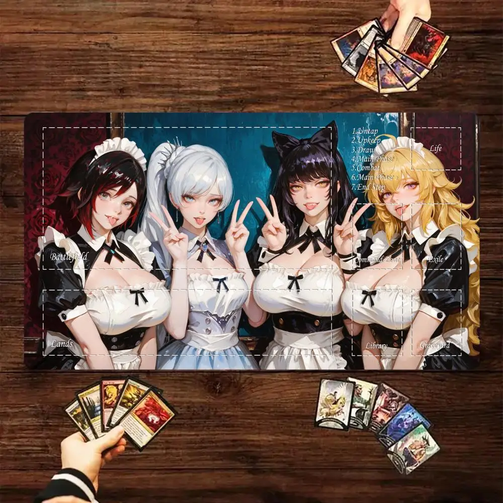 

Magic card playmat with zones Cute and sexy maid Mtg Playmat rubber anti-slip Desk Mat gamer keypad expansion gaming mouse pad