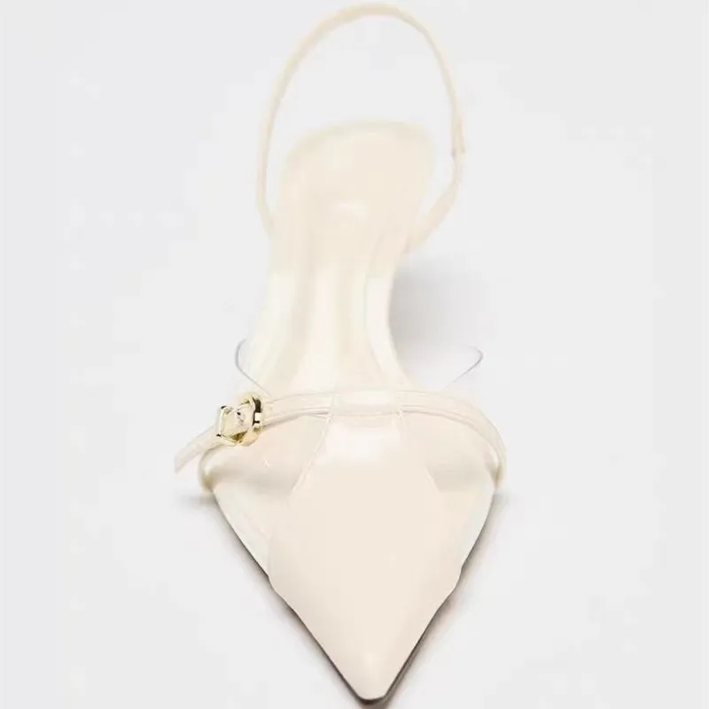 Summer Transparent PVC Sandals Women Fashion Splicing Pointed Toe Pumps Belt Buckle Design Slingback Comfort Office High Heels