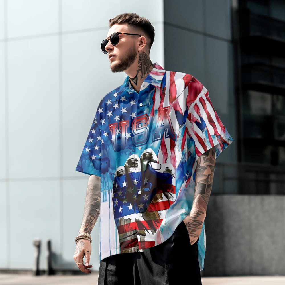 American street style hand fist head creative design summer loose large size men short-sleeved shirt thin lapel shirt shirt