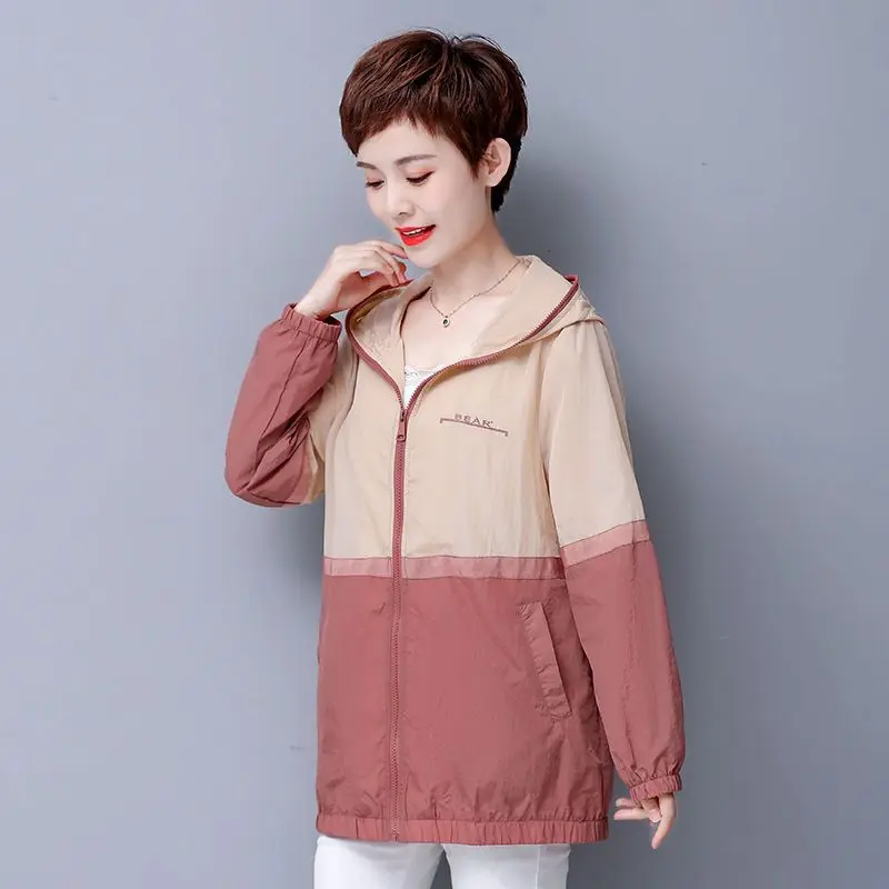 Summer Lightweight Long-sleeved Jacket Zip-up Sweatshirt Women Sun-protective UV-protective Hooded Coat Patchwork Coat Clothes