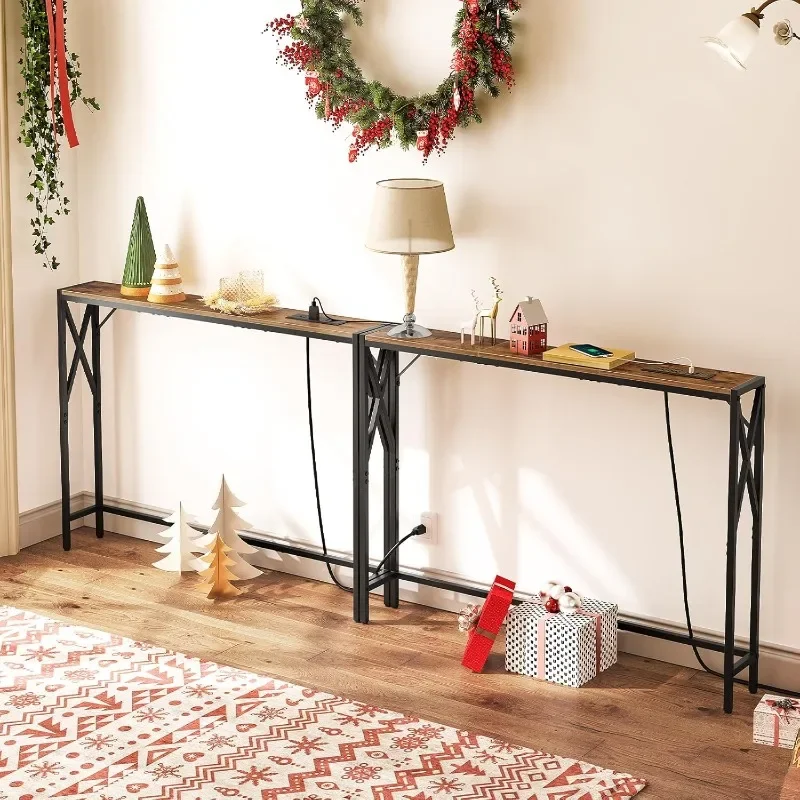 

2 Pack Narrow Sofa Table with Charging Station, 39.4" L X 5.9" W X 29" H, Skinny Console Table, Long Entryway Table, Hallway