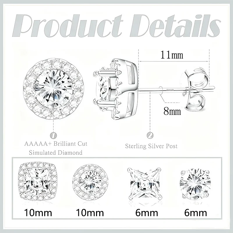 8 pair Stud Earrings for Women Men 18K Gold Plated Hypoallergenic Sterling Silver Post Earrings Big Brilliant Simulated Diamond