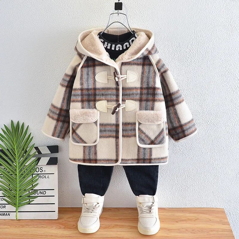 Boys Woolen Coats Jackets Plus Thicken 2024 Lattice Warm Velvet Winter Autumn Cotton Tracksuit Sport Children's Clothing