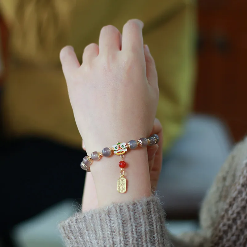 2026 Zodiac Year: Women's Natural Smoky Purple Agate Beaded Bracelet (Year Beast Lion Design) - Gift Option