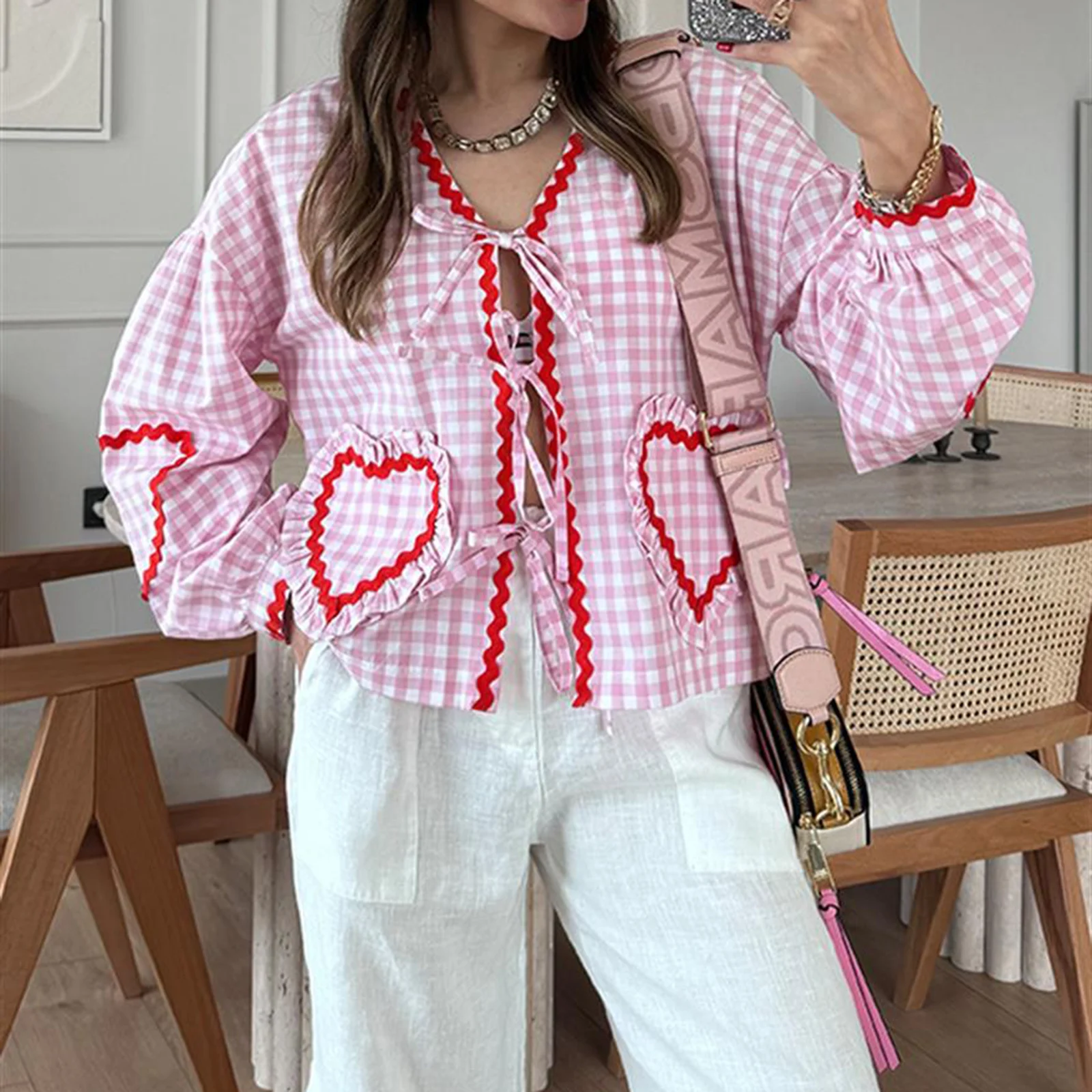 Women’s Tie-up Front Plaid Print Tops Long Sleeve V Neck Babydoll Shirts Blouses with Heart Pockets