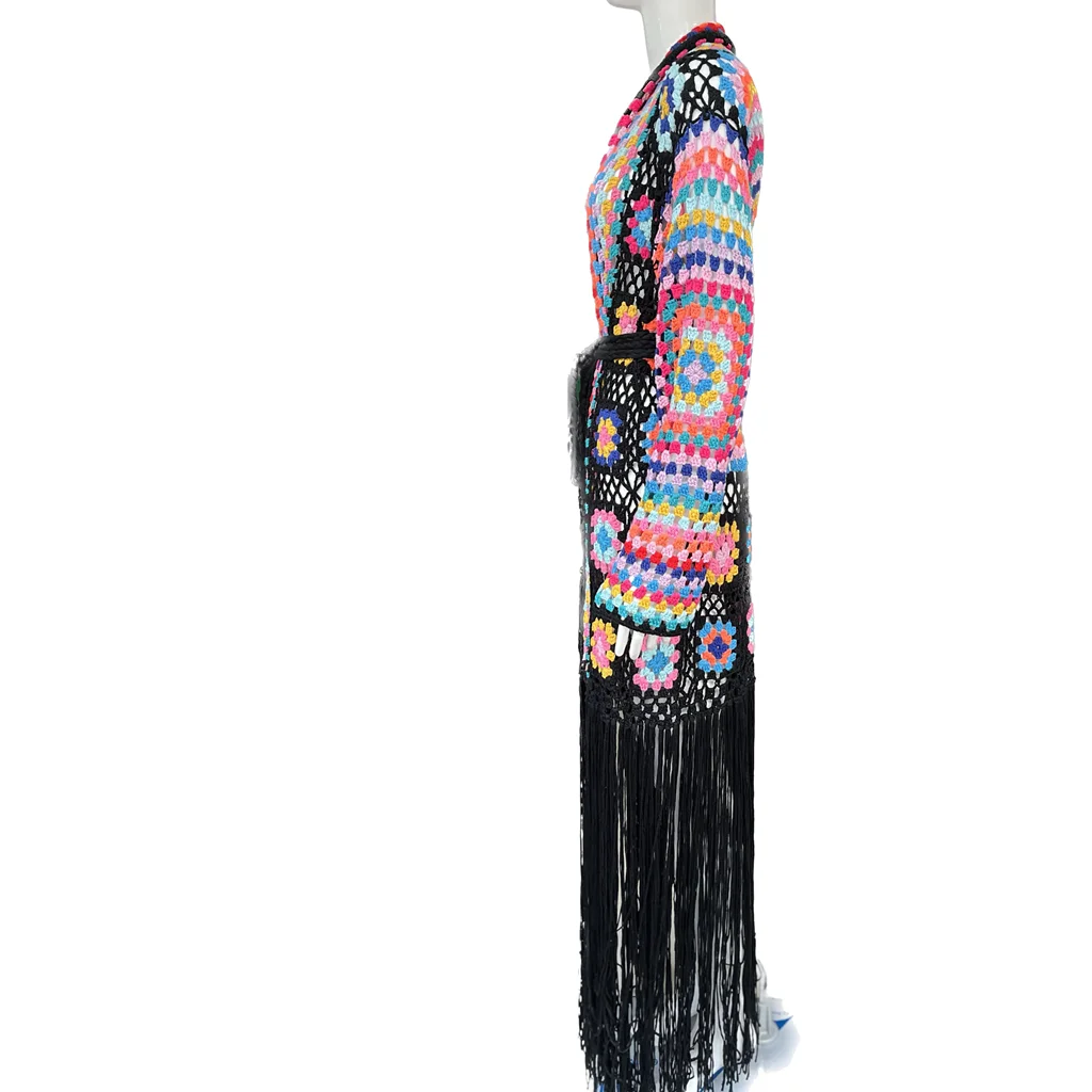 Boho Black Multi Color Crochet  Fringe Kimono Cardigan Necessary Elegant Colorful Handmade Granny Cover Up Knitwear