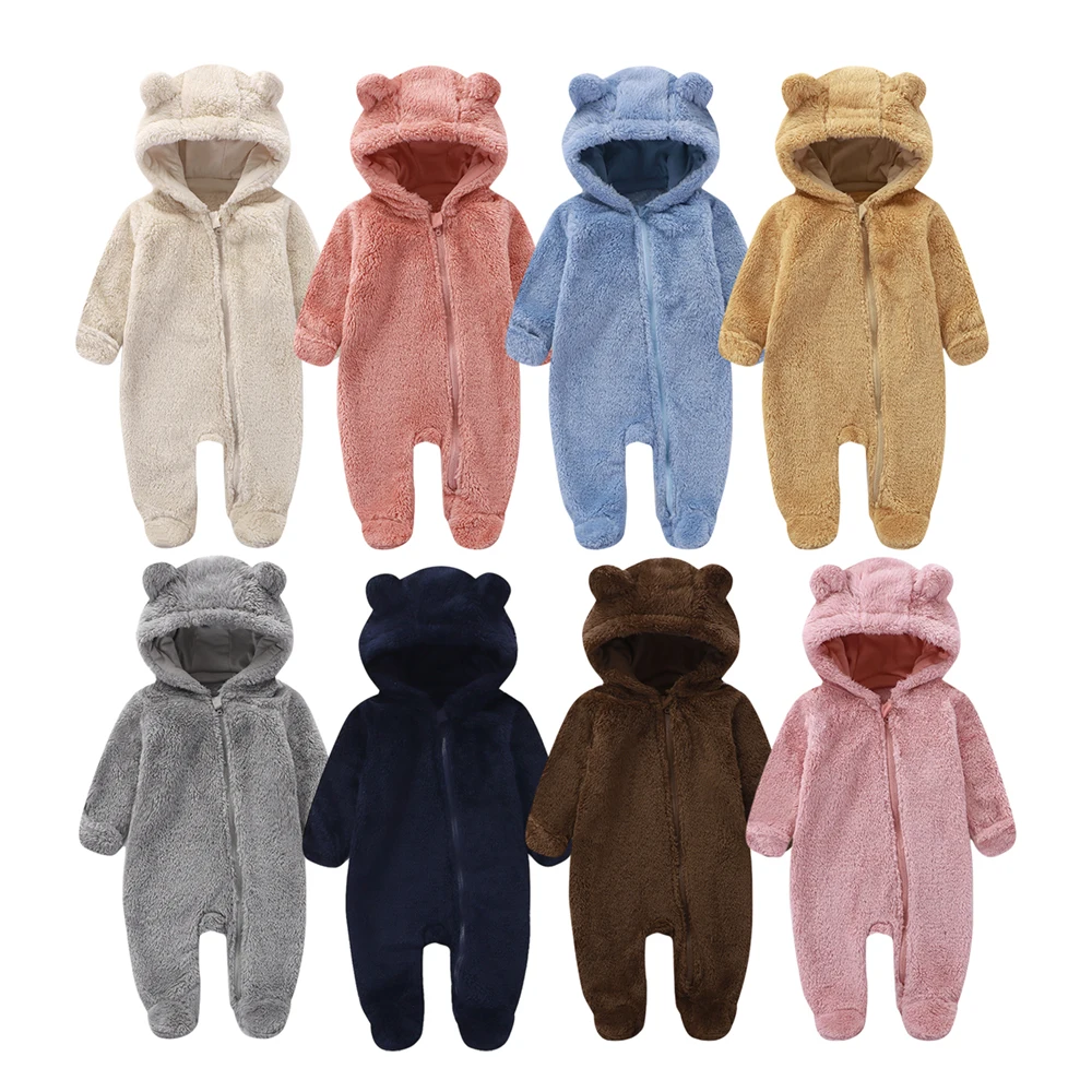 

2025 Autumn Winter Baby Fleece Onesie Bear Ear Hooded Jumpsuit Newborn 0-1Y Thick Warm Footed Infant Clothes Cute Cartoon Outfit