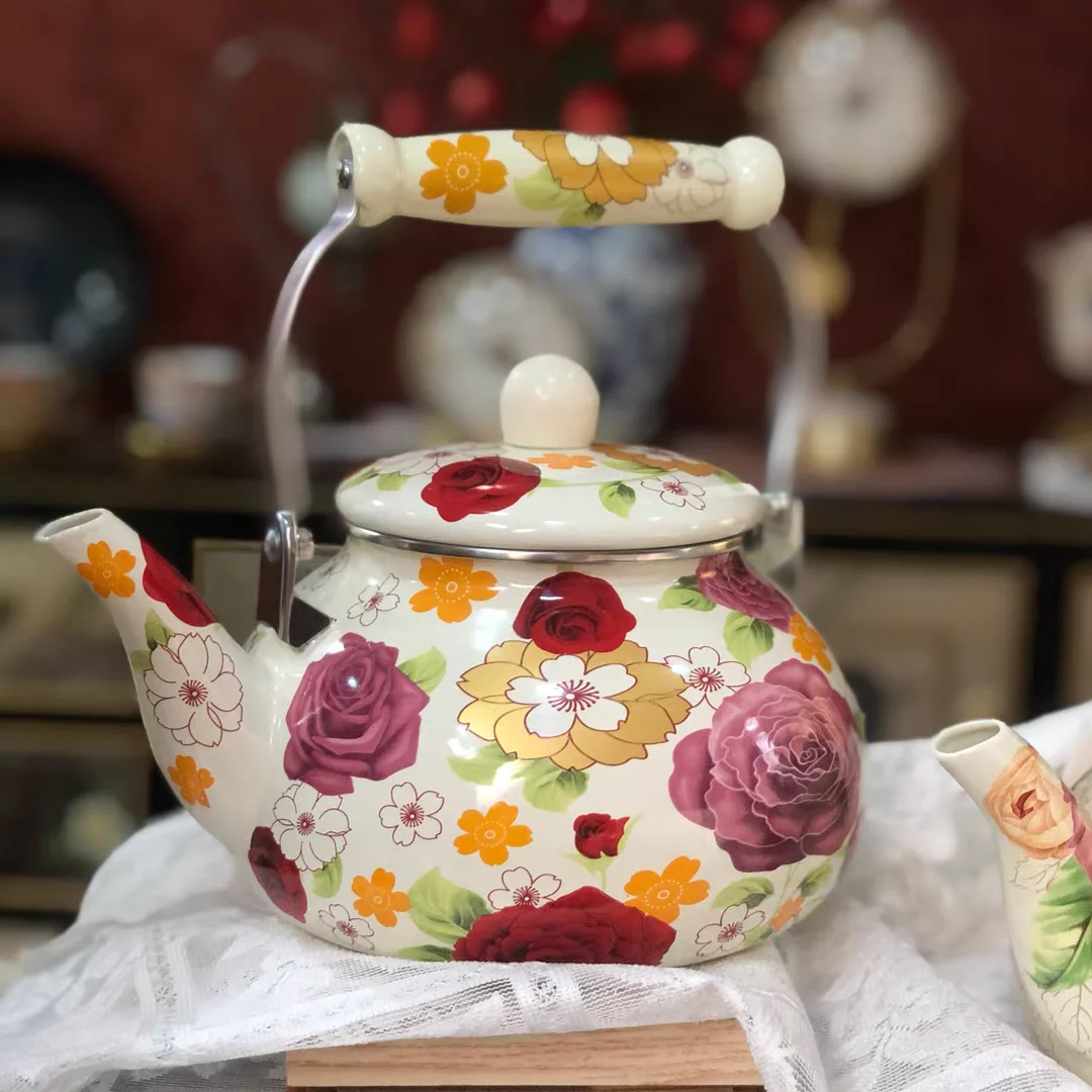 

Enamel Tea Kettle Beverage Jug Water Milk Warmer Large Capacity Floral Enamel Pot for Tea Kitchen Household Coffee Boiling Water