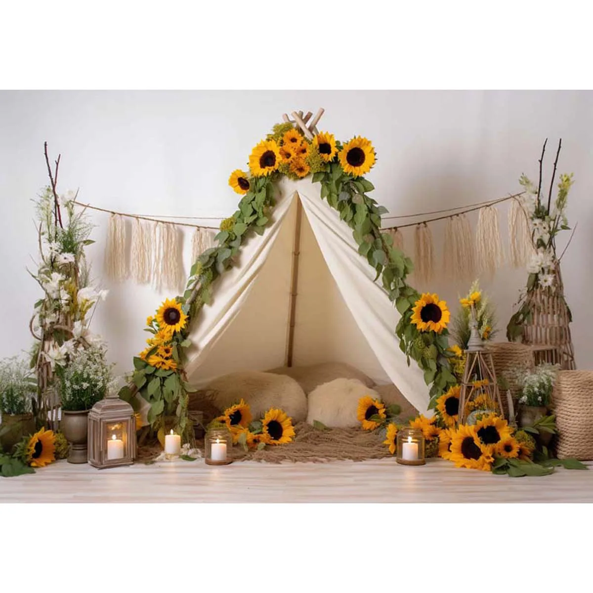 Allenjoy Boho Sunflower Teepee Photography Backdrop