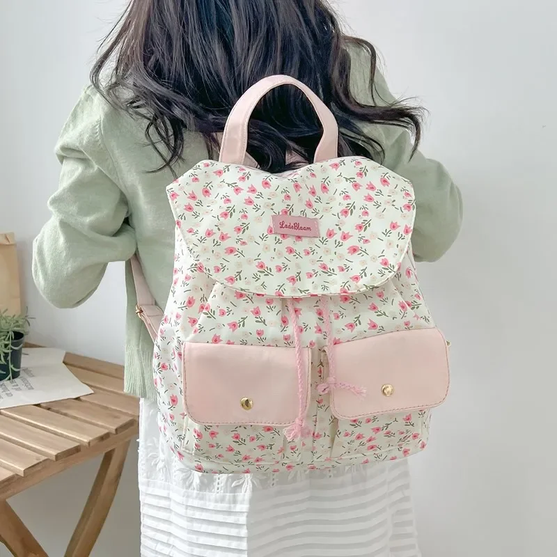 Mochila de lona de estilo étnico para chica, bolsa ligera con estampado de flores bonitas, estilo Harajuku, para ordenador portátil, viaje, trabajo, viaje