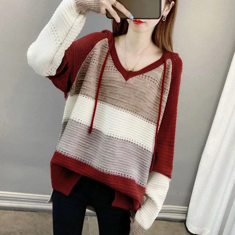 2024 Spring and Autumn Fashion Versatile Loose and Lazy Leisure Hollow Out Colored Drawstring Hooded Knitted Sweater for Women