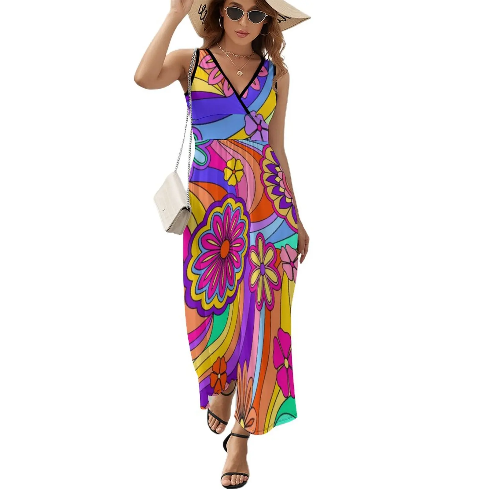 Colorful Flower Power Dress Vintage Hippy Print Simple Bohemia Long Dresses Ladies Party Maxi Dress Pattern Vestido Gift Idea