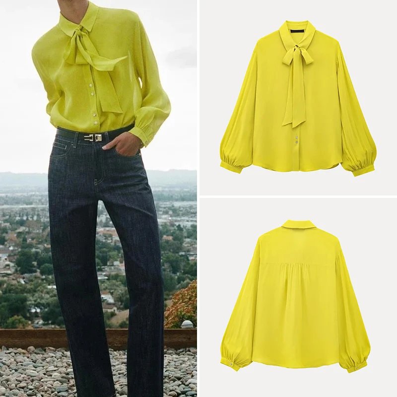 

Spring 2025 Women's Faion Long Sve irt with Bow Tie Design Slim Fit Polyester Fiber Pure Color Versatile Sle