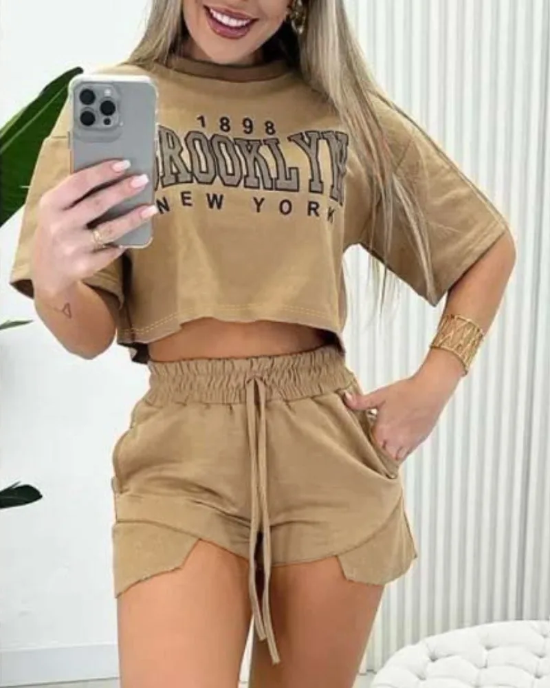 Summer Women Two Piece Set Causal Letter Print Crop Top and Pocket Drawstring Design Shorts Set