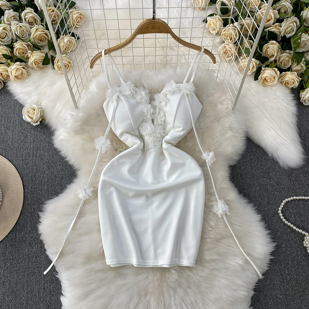 Women Sexy Slip Dress Summer Tulle Floral Patchwork Strap Mini Frocks Female Solid Color Slim Backless Elegant Dresses