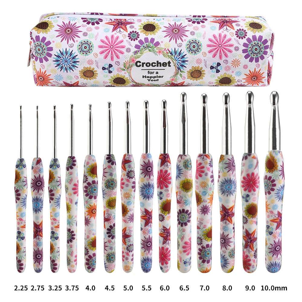 New 14Pcs Sunflower Crochet Hooks Kit Cashew Flower Aluminum Crochet Needles With Bag Ergonomic Knitting Croche Set 2.25-10.0MM