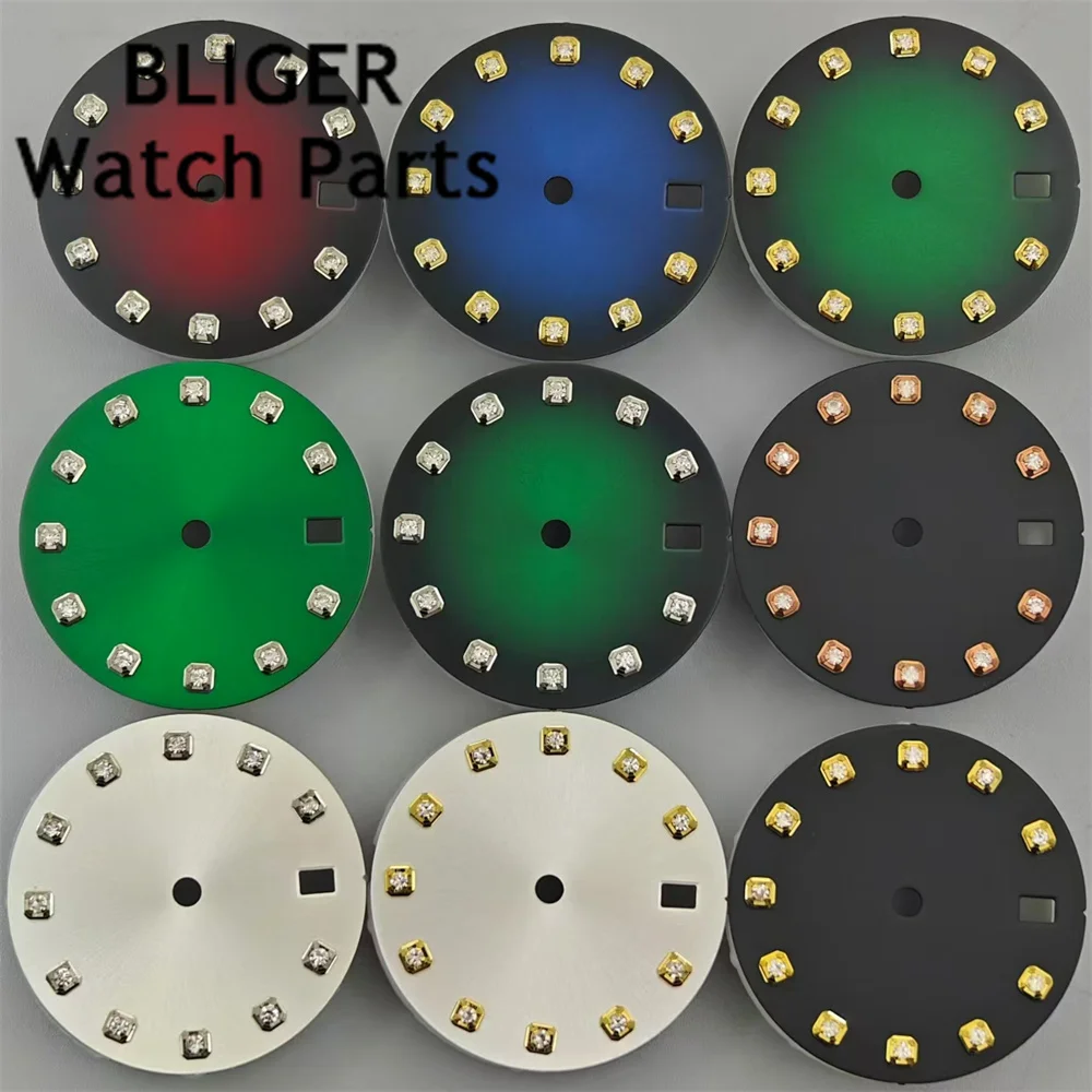 BLIGER 29mm Watch Dial White Black Green Blue Red Dial Silver Gold Rose Gold Diamond Index  Fit NH35 NH36 Movement