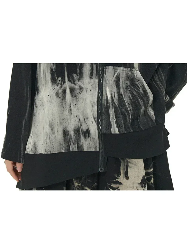 XITAO Tie Dye Asymmetrical Hooded Jackets Zipper Patchwork Pocket Loose 2023 Autumn New Arrival Casual Show Thin HQQ1592