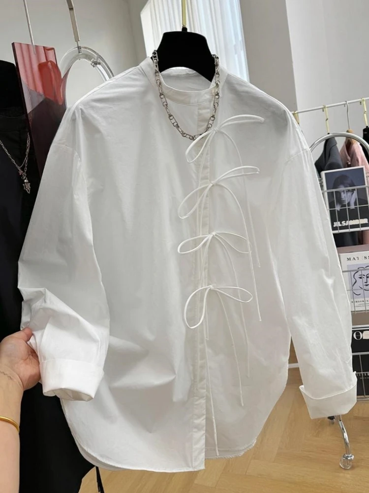 New Chinese Style Stand Collar Long Sleeve Shirt Women Fashion Vintage Bandage Design Casual Blouse Loose Elegant Tops