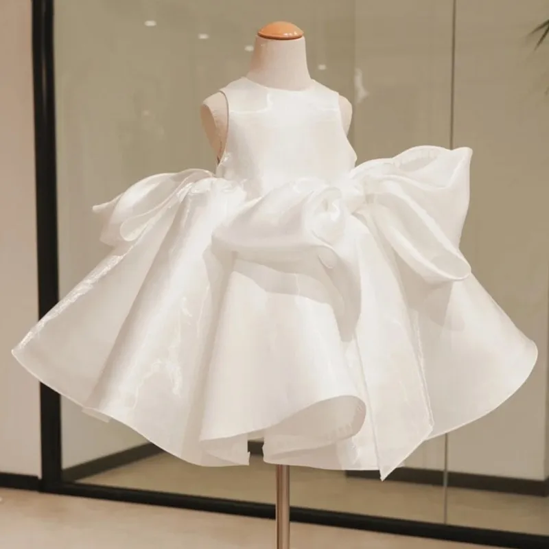 

Child Ball Gown Vestido Elegant Birthday Party Wedding Baby Clothes 1-14Y Baby Girl Princess Big Bow Silk Dress Sleeveless Teens