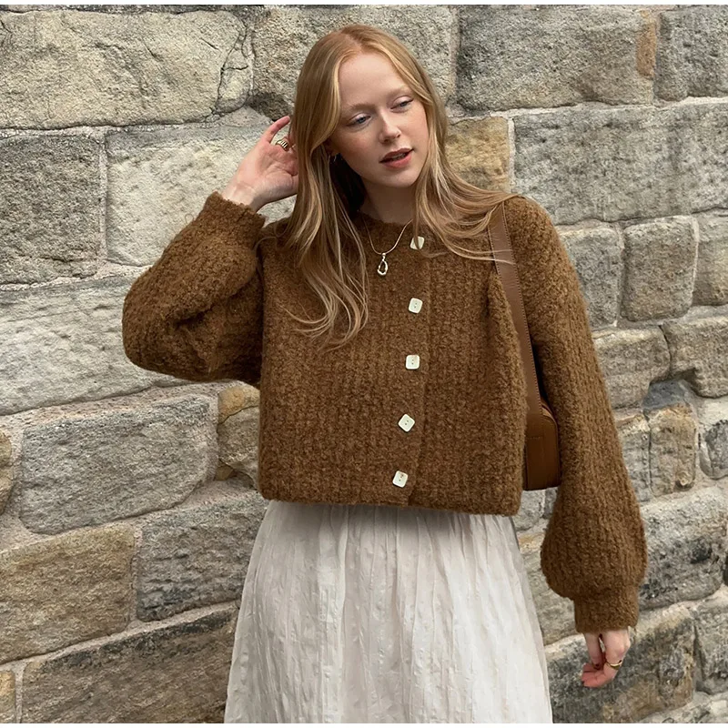 Retro Plush Single Breasted Cardigan Women Elegant Loose Solid O-neck Short Sweaters Female Winter Autumn Chic Street Knitwear