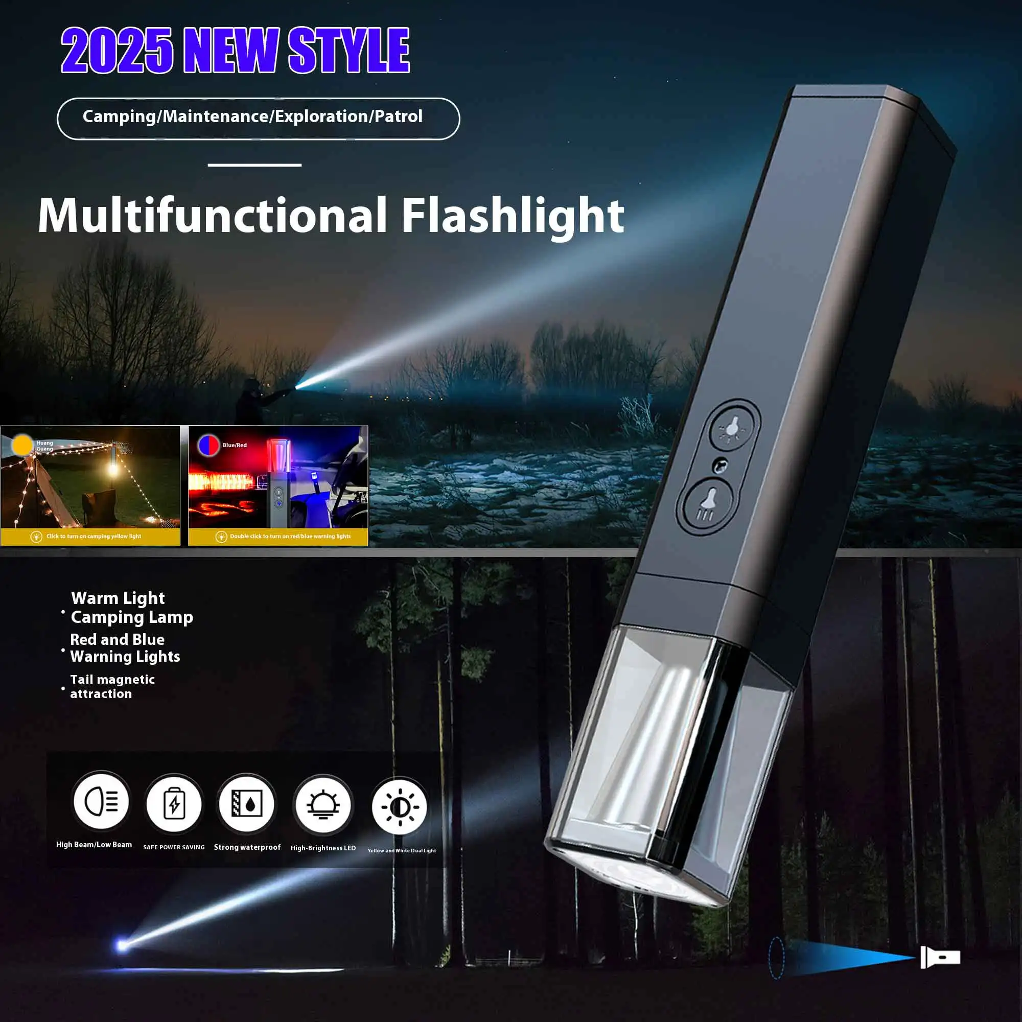 2025 10000Lums Dual Light Source Flashlight with Power Bank Function Built in Battery Camping Flash light with warning light