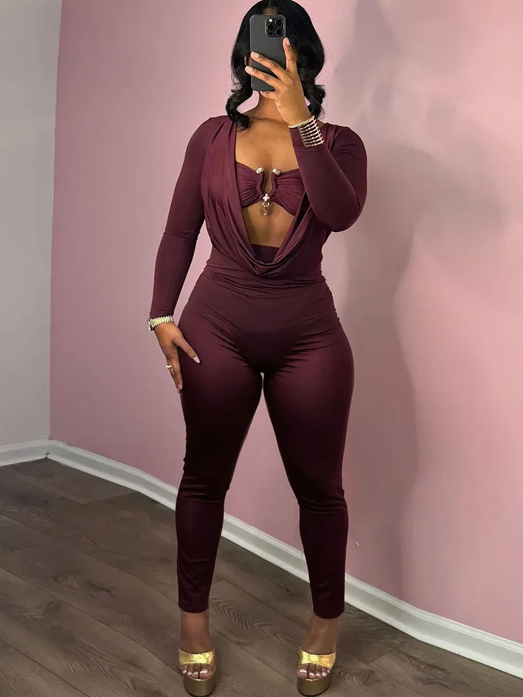 Midnight Jumpsuits Women Metal Decoration  Sexy Fashion Hollow Swing Collar Full Sleeve Skinny Peach Hip Party Overalls