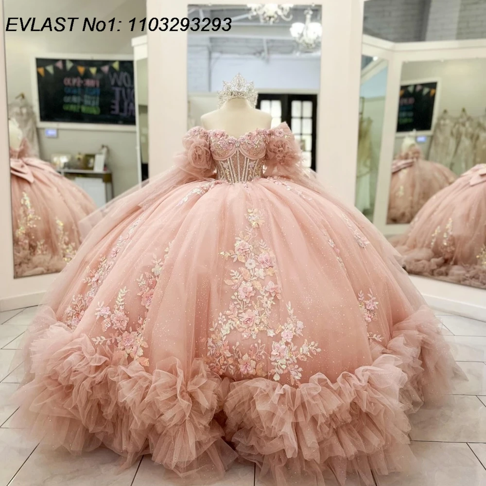 

EVLAST Розовое бальное платье по индивидуальному заказу Платье Quinceanera с 3D цветочными блестками и аппликацией с бантом из бисера Sweet 16, Vestidos De 15 Anos E1Q940