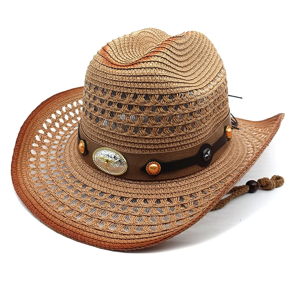 Retro zomer strohoed Western cowboyhoeden Verstelbare zomerstrandzonbescherming Zonnekap voor mannen en vrouwen Trekkoord