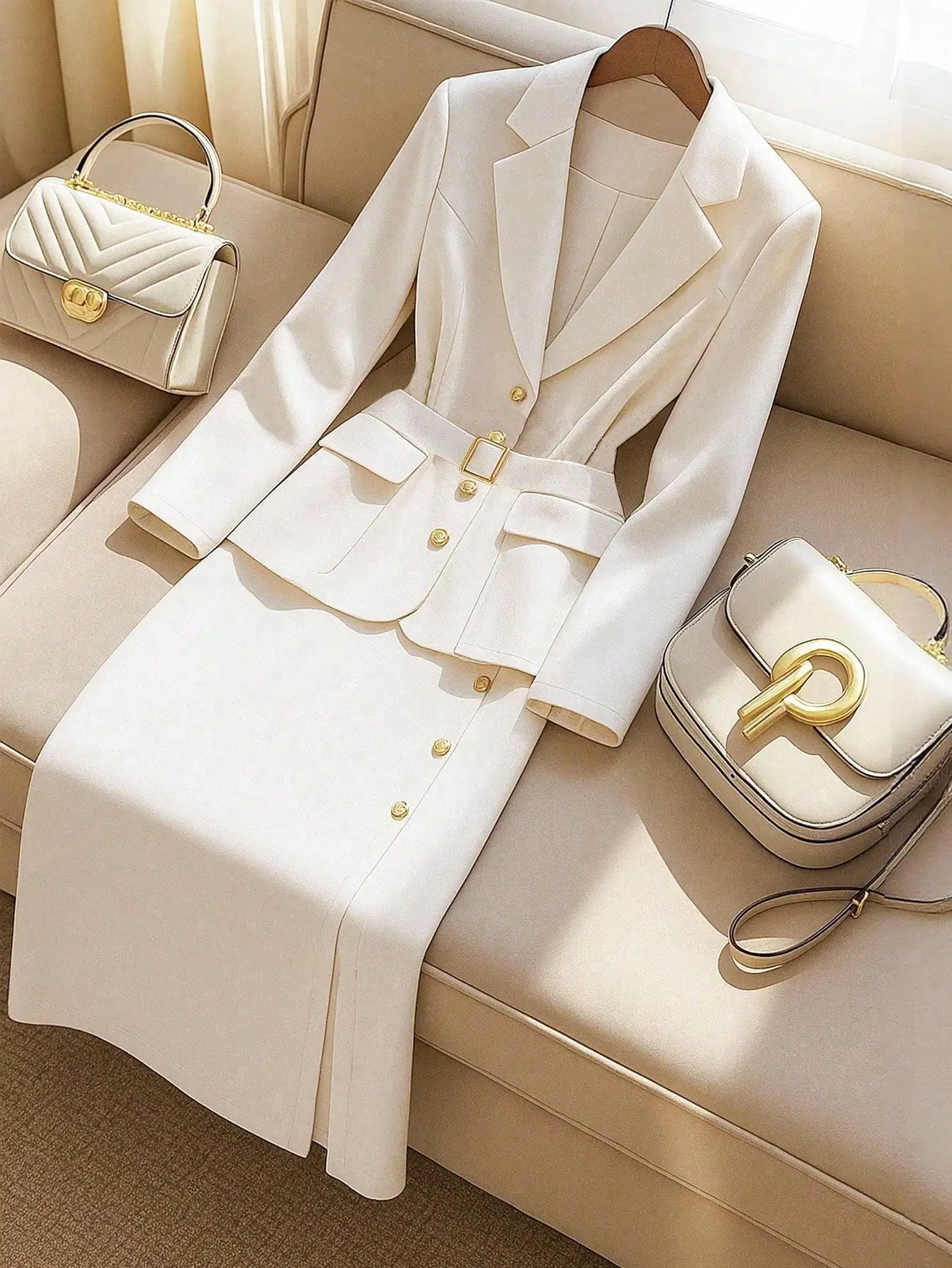 

Кремовый комплект из пиджака с лацканами и юбки с длинными рукавами для женщин, элегантная офисная одежда