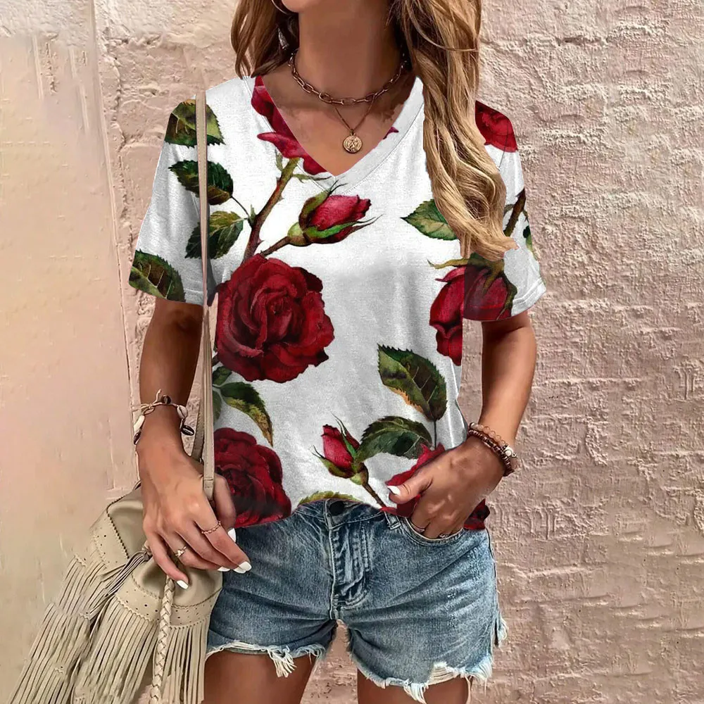 Summer Short Sleeved T-shirt Daily Leisure Grace T-shirt Women\'s Elegant V-neck T-shirt Fashion Flower Pattern Print T-shirt