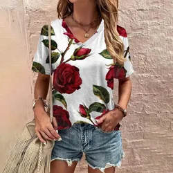 Summer Short Sleeved T-shirt Daily Leisure Grace T-shirt Women's Elegant V-neck T-shirt Fashion Flower Pattern Print T-shirt