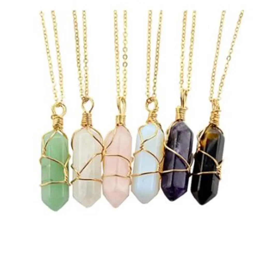 Crystal Necklace Wire Wrap Hexagonal Cylindrical Natural Stone Pendant Necklace Gift For Women Men Jewelry Fashion Accessories