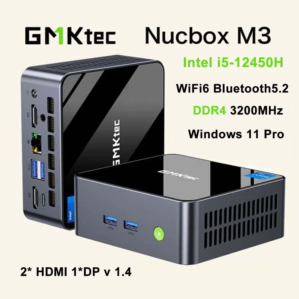 GMKtec M3 Mini PC Intel i5 12450H DDR4 3200Mhz Wifi6 BT5.2 Windows 11 Pro Dual Fan Triple Display Office Desktop Gamer Computer