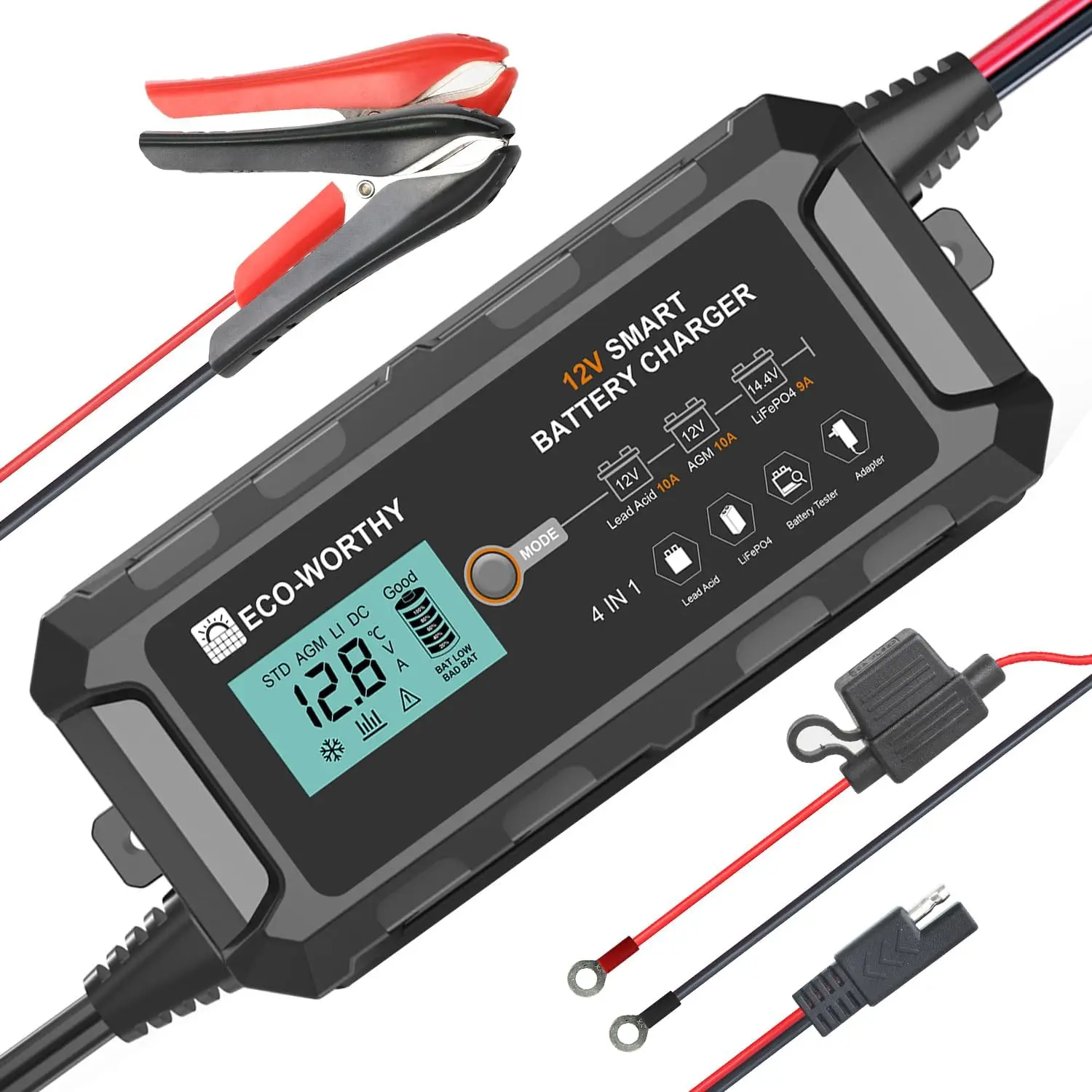 

12V 10A Smart Battery Charger Maintainer for Cars Motorcycles Boats with Desulfator Function