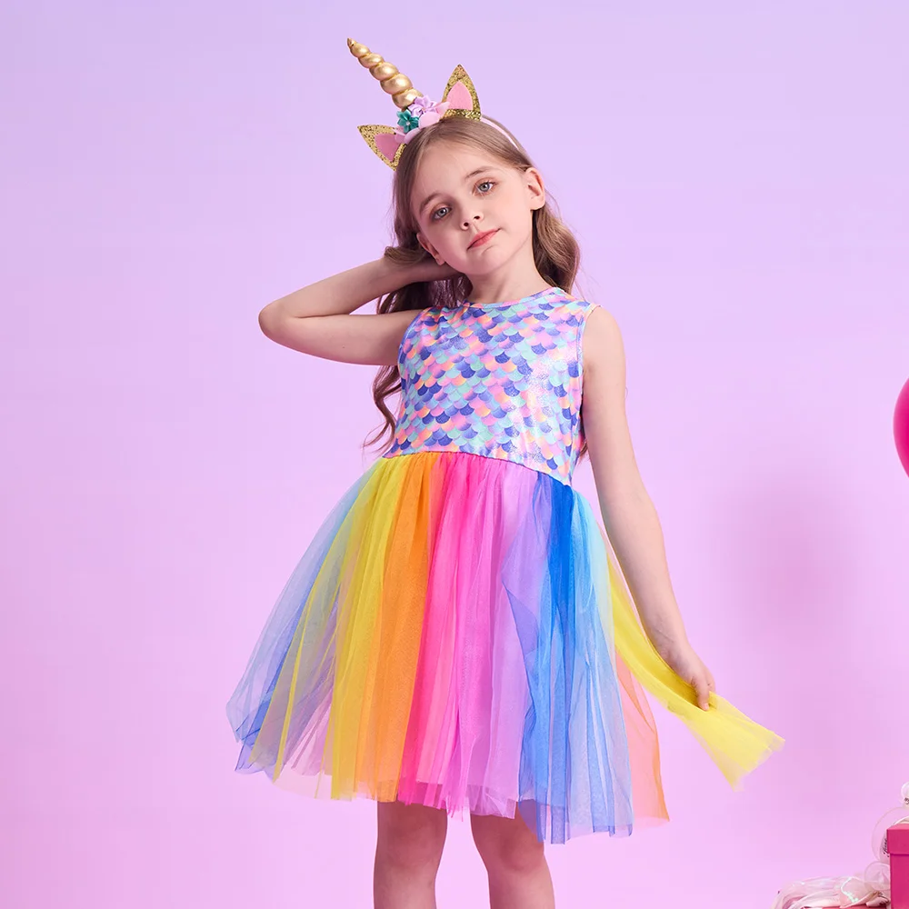 VIKITA Girls Polyester Mermaid Scale Summer Sleeveless Dress Kids Rainbow Patchwork Layered Tulle Skirt Birthday Party Vestidos