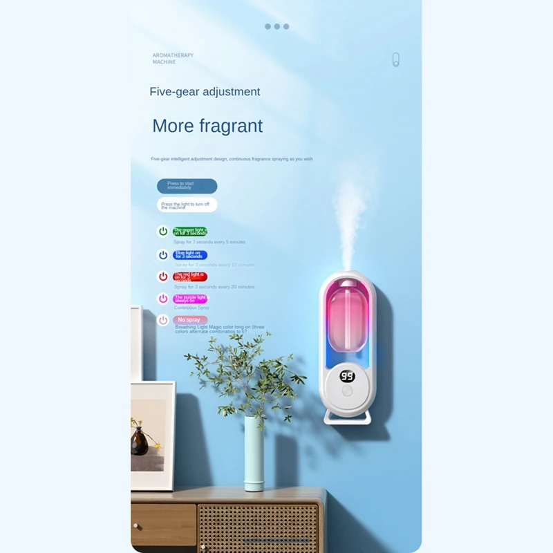 ก้านปักน้ำมันหอมระเหย Essential แบบติดผนังแบบสเปรย์ตั้งเวลาแบบชาร์จไฟได้น้ำหอมปรับอากาศแสดงผลแบบดิจิตอล