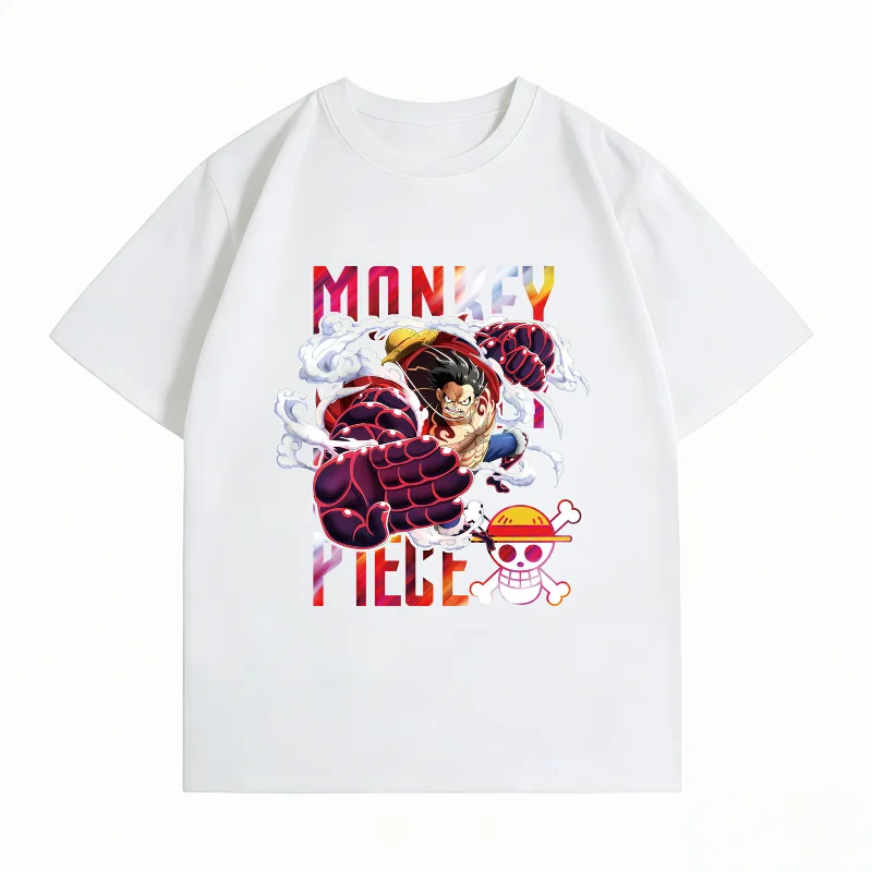 Bandai One Piece Luffy Gear 4 Bounce Man Print T-shirt Casual Short Sleeve Cotton Anime Streetwear Men's T-shirt